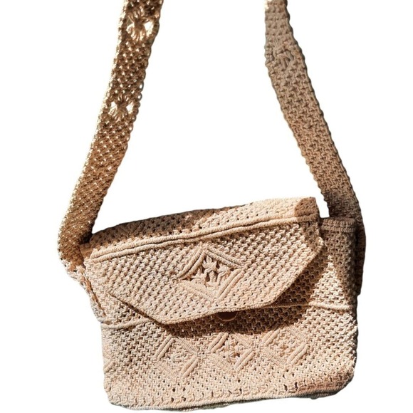 Vintage Retro Hippie Vibe Beige Macrame Shoulder Bag Purse Button Closure - Picture 6 of 8